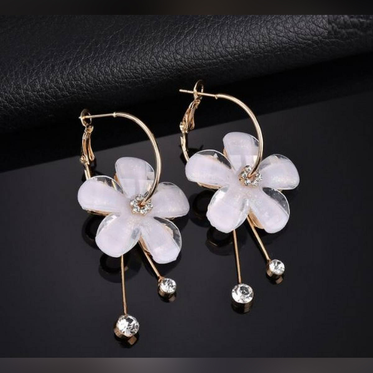 Picture of Korea Fashion White Big Flowers Earrings for Women Temperament Rhinestone Long Earring Jewelry Gift for women's fashion