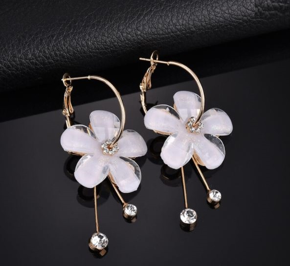 Picture of Korea Fashion White Big Flowers Earrings for Women Temperament Rhinestone Long Earring Jewelry Gift for women's fashion
