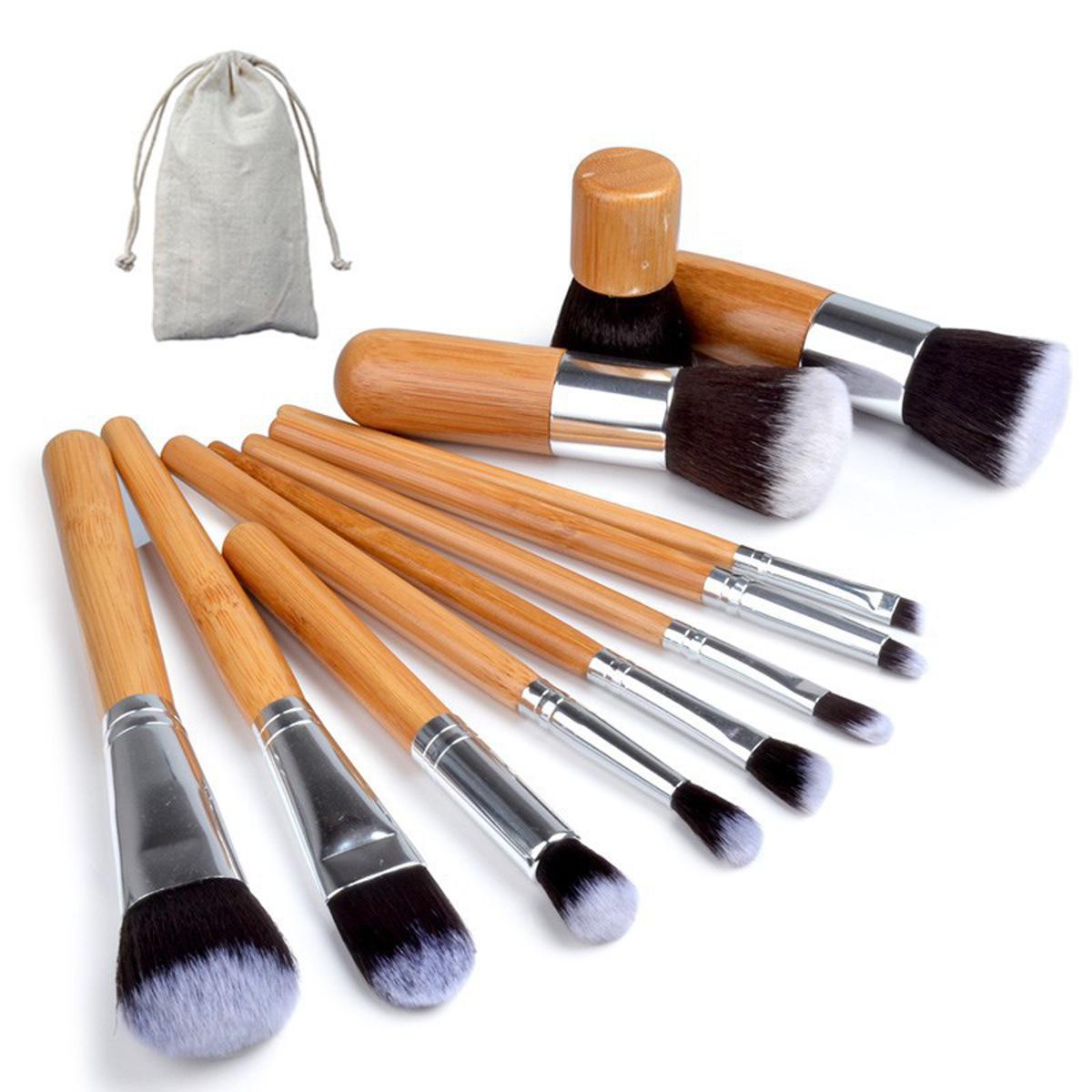 Picture of 11 Pieces Makeup Brush Set Professional Bamboo Handle Premium Brushes Kit With Bag for Women's fashion