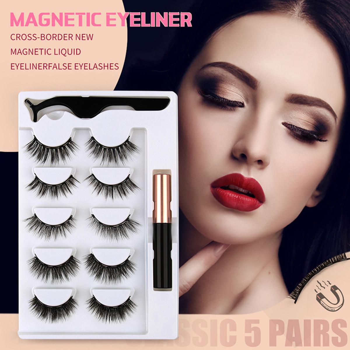 Picture of 5 pairs of magnetic liquid eyeliner false eyelashes set Natural 3d liquid eyeliner free glue magnet magnetic eyeliner