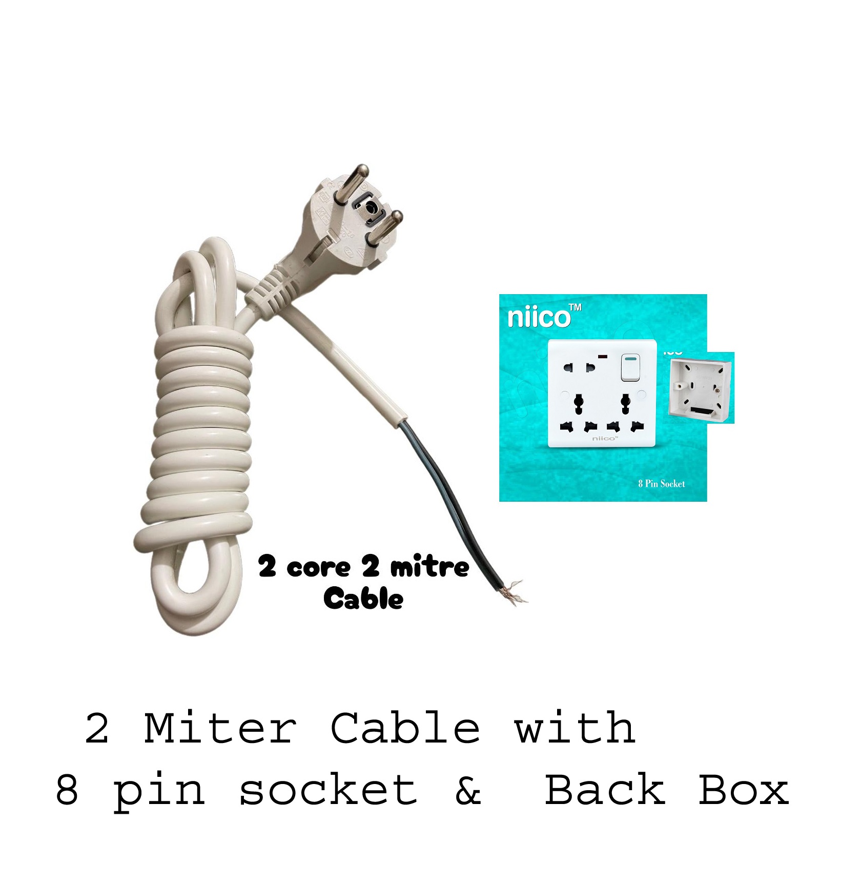 Picture of Niico 2 miter 2 core cable + 16 ampere  8  pin extension socket and 1 Gang MK  Box  - 7  fit Sigle Multiplug Making  Accessories