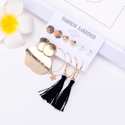 Picture of 6 Pairs/set statement geometry black tassel earring set for women fashion