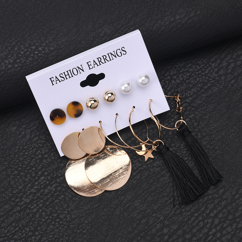 Picture of 6 Pairs/set statement geometry black tassel earring set for women fashion