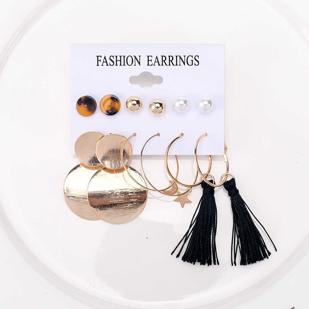Picture of 6 Pairs/set statement geometry black tassel earring set for women fashion