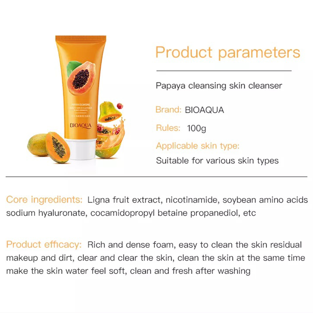 Picture of BIOAQUA skin care product papaya moisturizing shrink pore face wash foam facial cleanser for women and girl