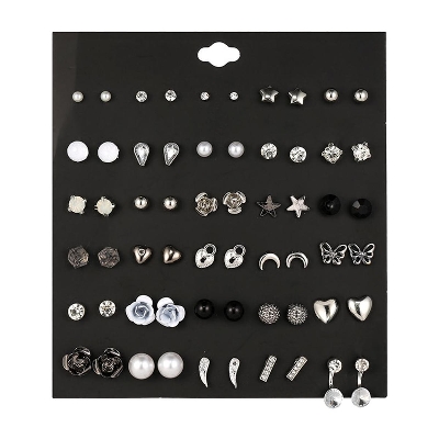 Picture of 30 pairs/Set Silver & Black Colour Geometry Rose Different Shape Stud Earring Set