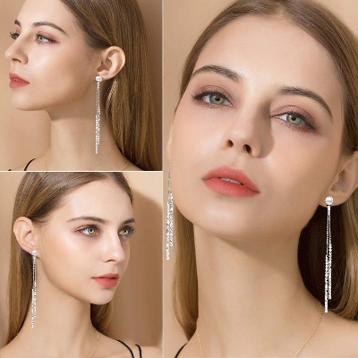 Picture of Fashion Long Tassel Crystal Pearl Cubic White Earring