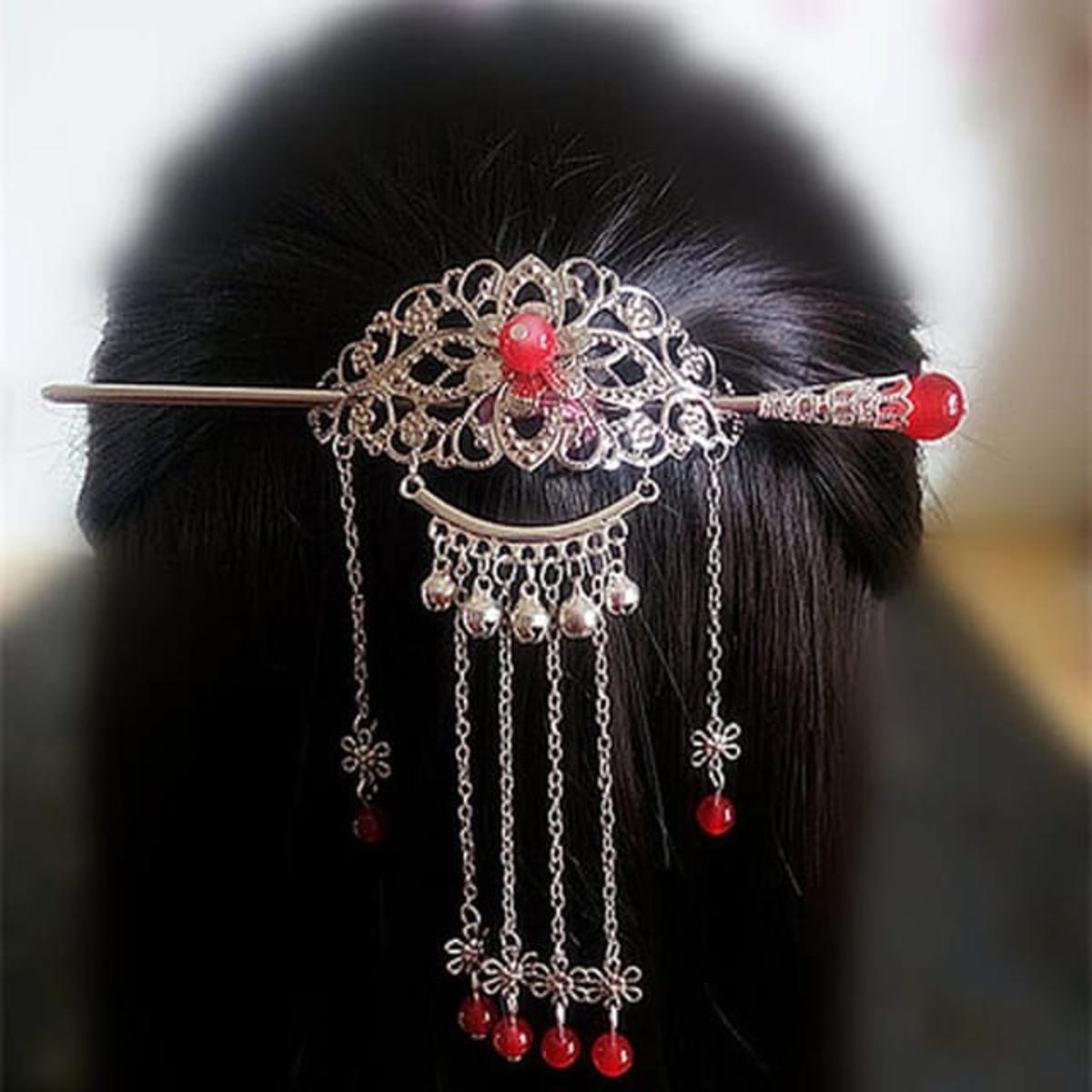 Picture of Women Retro SUBUKU Traditional Wedding Floral Tassels Bells Hair Stick Chopsticks Headwear Hairstick Jewelry