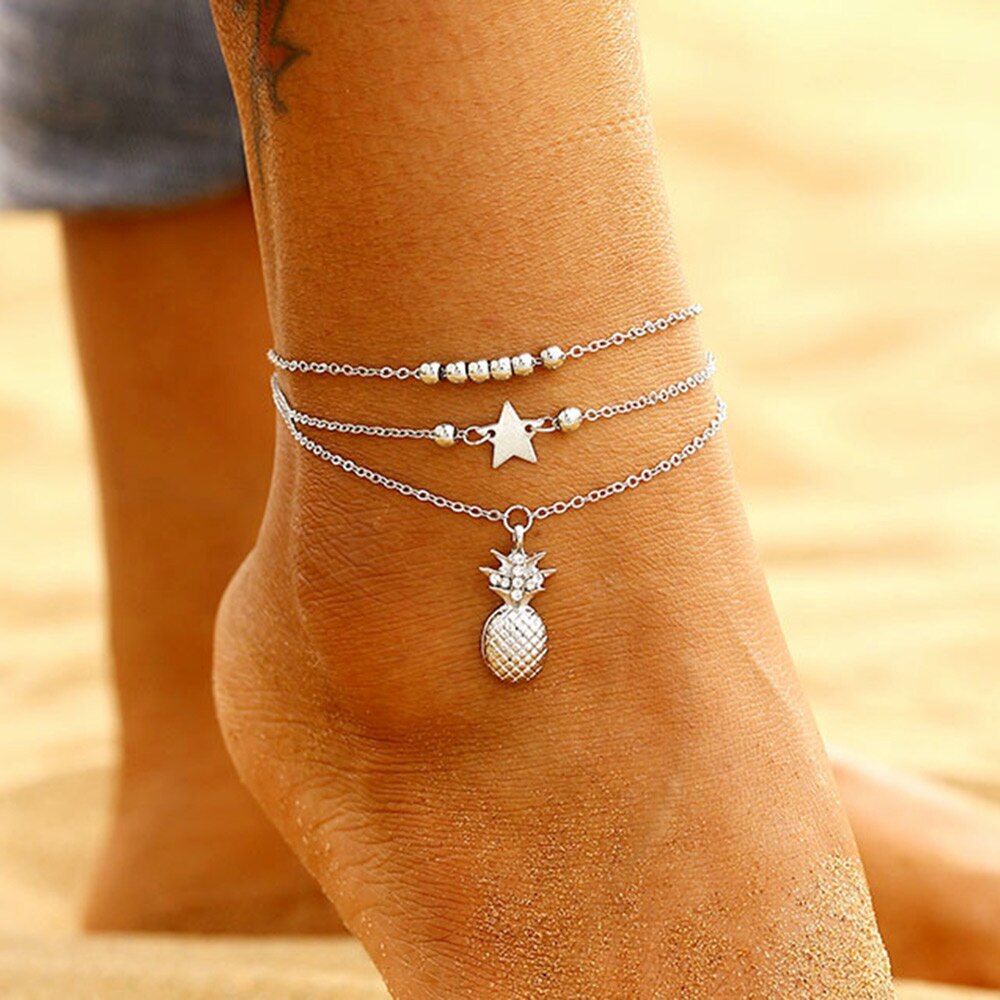 Picture of 3 Layer Fashion alloy anklet female pineapple stars anklet for girls- One Piece