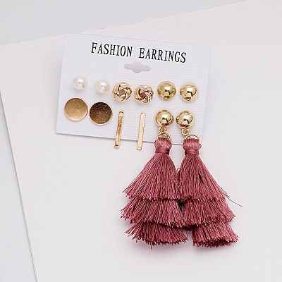 Picture of 6 Pairs/Set Fashion Bohemia European Hot Red Tassel Earring Set For Ladies Vintage Boho Tassel Earrings for women - Kaner Dul