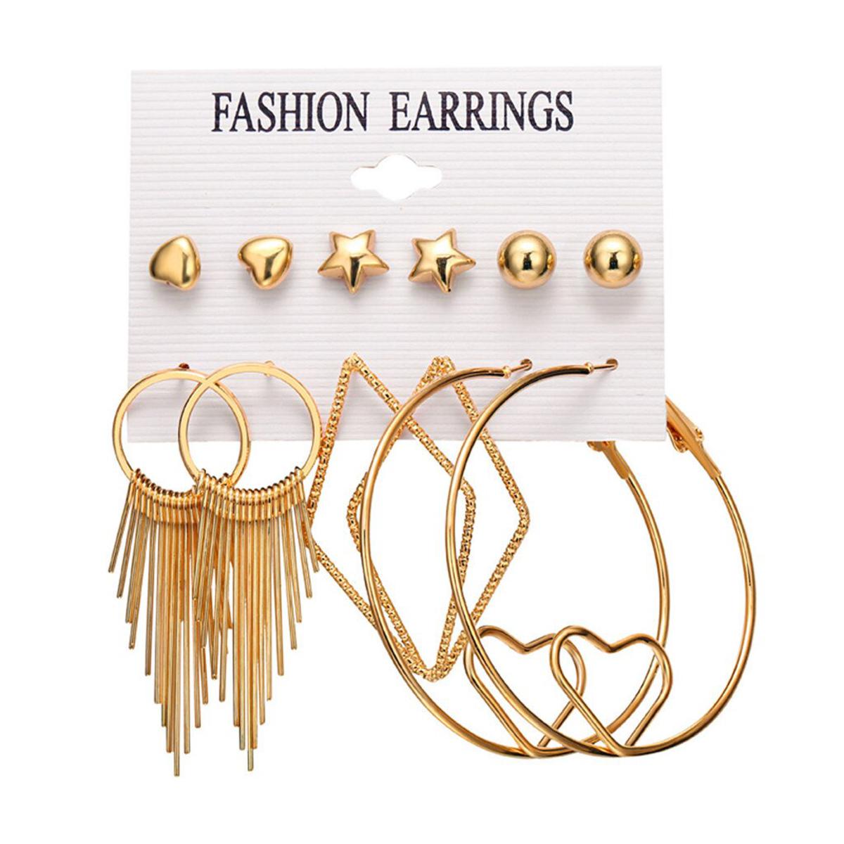 Picture of 6 Pairs/Set Of Trendy New Suit Stud Earrings Ladies Pentagram Circle Love Tassel Delicate Earrings For Females Party Fashion Jewelry