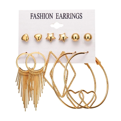 Picture of 6 Pairs/Set Of Trendy New Suit Stud Earrings Ladies Pentagram Circle Love Tassel Delicate Earrings For Females Party Fashion Jewelry