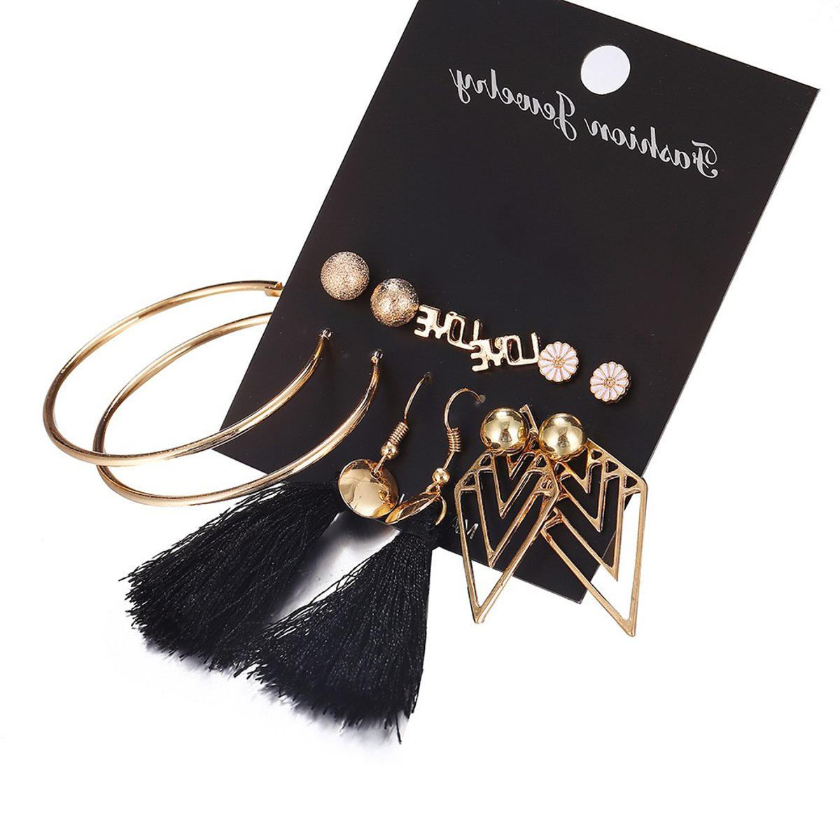 Picture of 6 Pairs Plated Ball Hoop Cutout Black Tassel Love Earring Jewelry Set for women's fashion - Kaner Dul