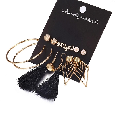 Picture of 6 Pairs Plated Ball Hoop Cutout Black Tassel Love Earring Jewelry Set for women's fashion - Kaner Dul