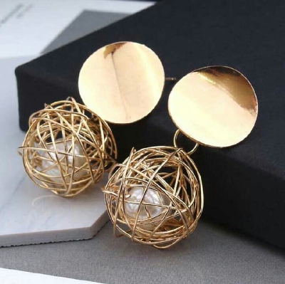 Picture of One Pair retro geometric earrings Simple weaving hollow ball pearl earrings- One Pair