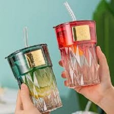 Picture of 400ml Glass Cup With Lid and Straw Transparent Bubble Tea Cup Juice Glass Beer Can Milk Mocha Cups Breakfast Mug Drinkware