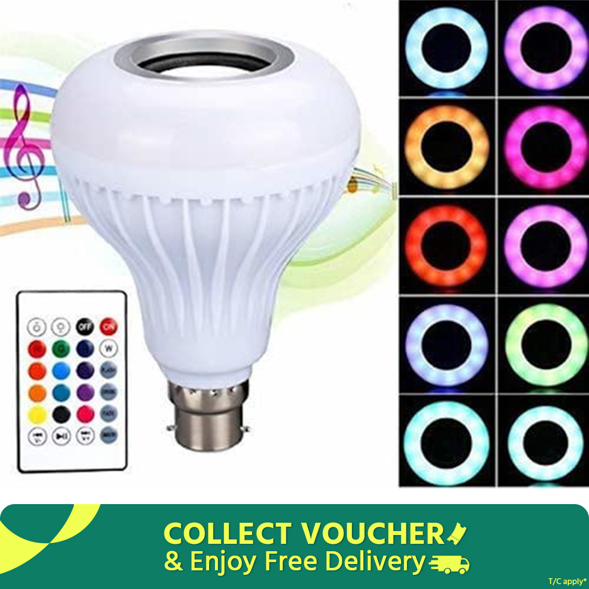 Picture of LED Bluetooth Smart Music Colored led Light Bulb With Remote Control& Bluetooth Speaker RGB Changing Color Music Lamp Built-in Audio Speaker-Pin Folder(Pass Holder Converter Free)
