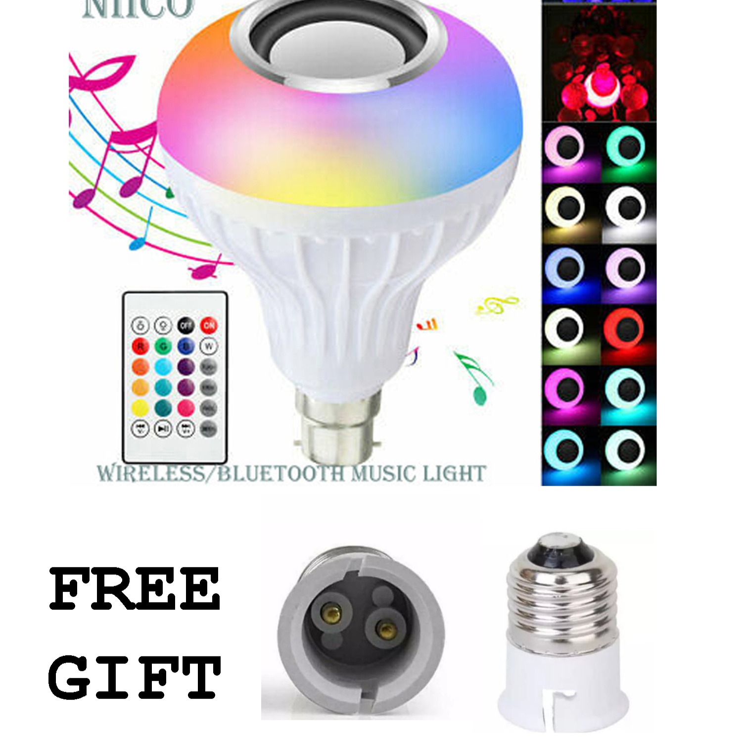 Picture of LED Bluetooth Smart Music Colored led Light Bulb With Remote Control& Bluetooth Speaker RGB Changing Color Music Lamp Built-in Audio Speaker-Pin Folder(Pass Holder Converter Free)