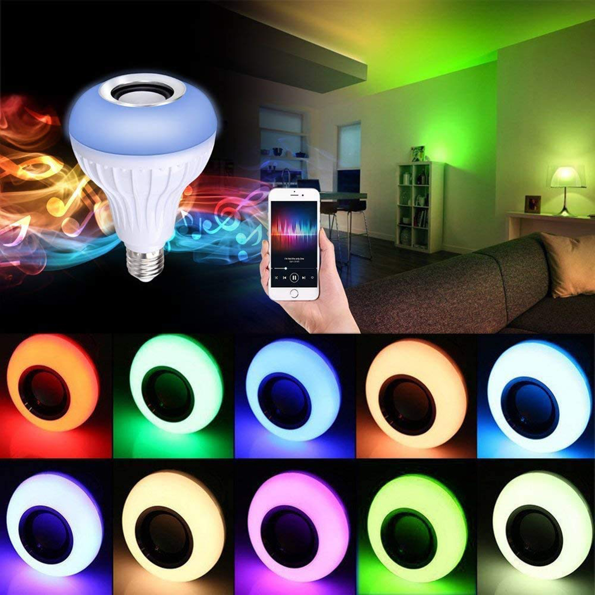 Picture of LED Bluetooth Smart Music Colored led Light Bulb With Remote Control& Bluetooth Speaker RGB Changing Color Music Lamp Built-in Audio Speaker-Pin Folder(Pass Holder Converter Free)