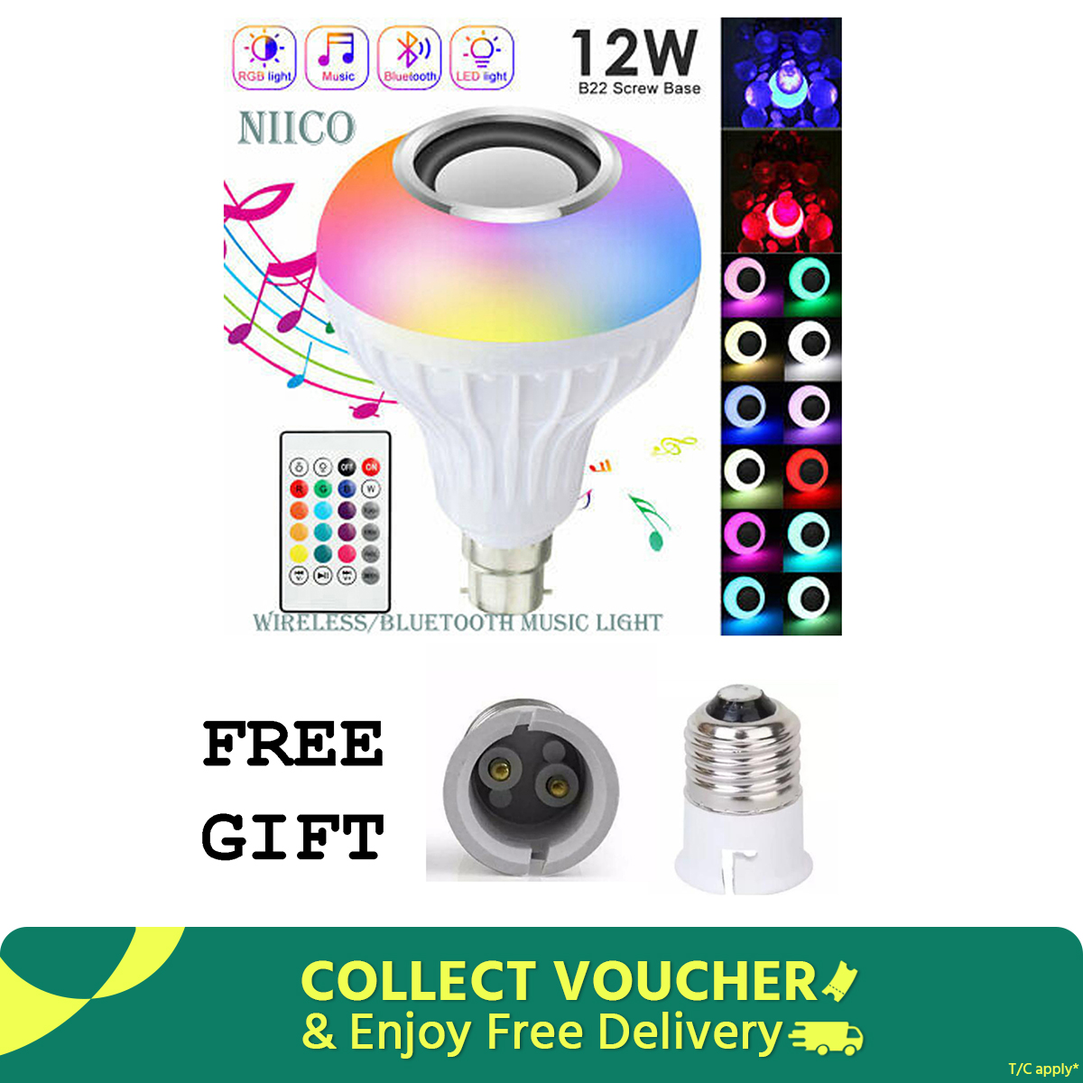 Picture of Smart Music Colored LED Light Bulb with Remote Control & Bluetooth Speaker With Pass Holder Converter Free Gift