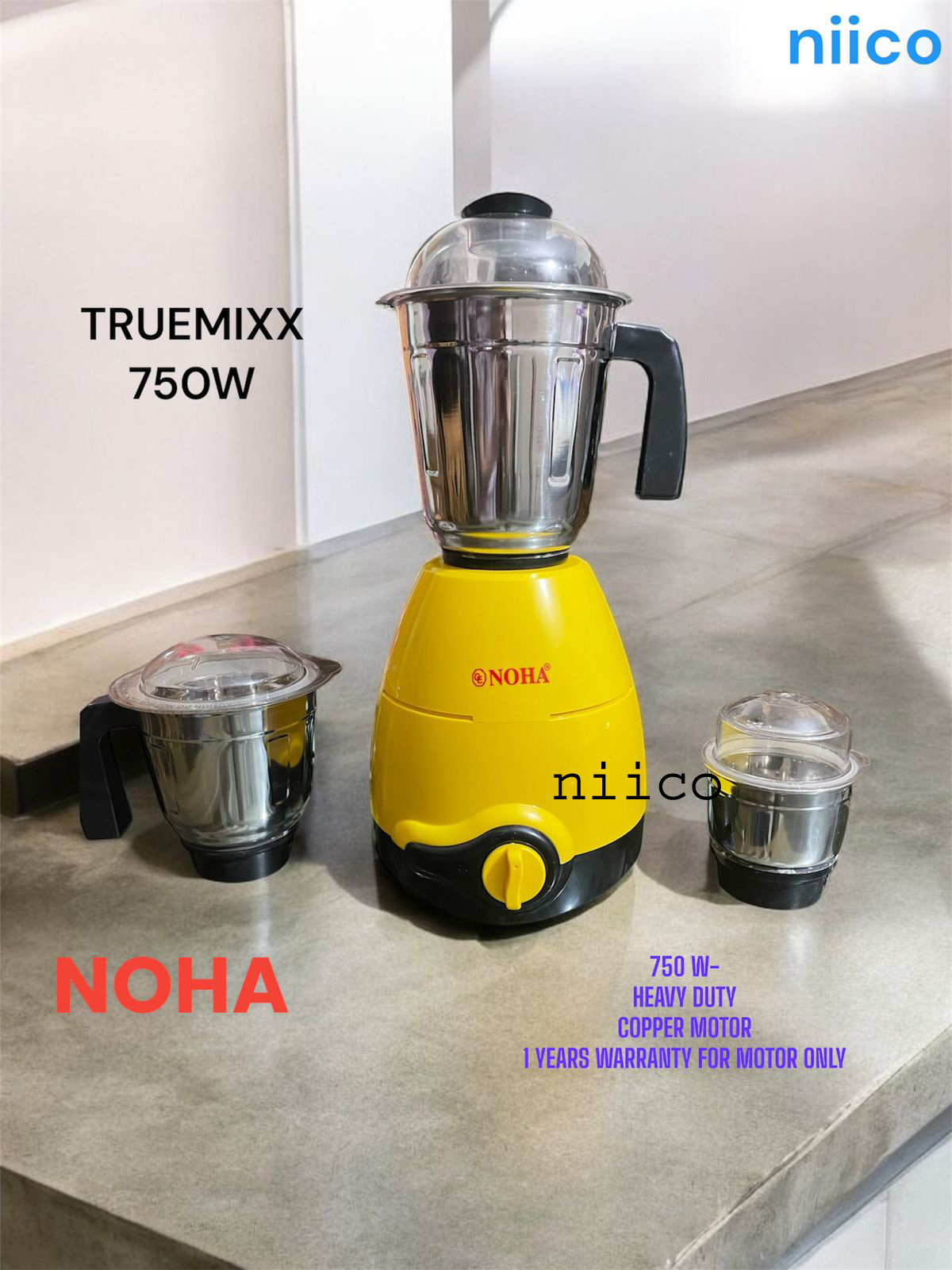 Picture of Noha Heavy Duty Mixer Blender 3 Stainless Steel Jar -750 Watt (1 Year Warranty) 3 Stainless Still Jar 100 Percent Cooper Mixer blender