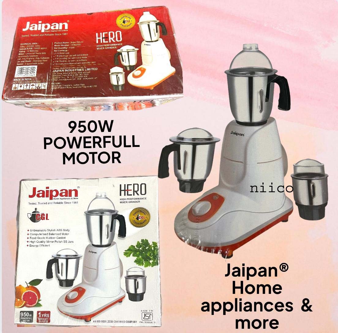 Picture of Jaipan Hero 950  WATT  HIGH SPEED ENERGY EFFICIENT  MOTOR 3 IN 1 ELECTRIC Heavy Duty Mixer Blender 3 Stainless Steel Jar 100 Percent Cooper Blender: (1 Year Warranty)