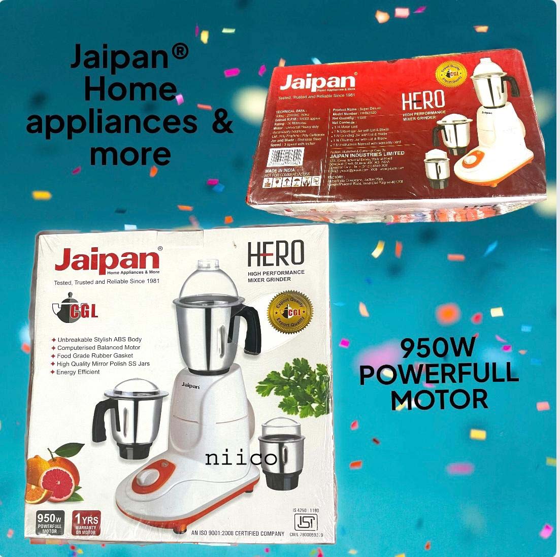 Picture of Jaipan Hero 950  WATT  HIGH SPEED ENERGY EFFICIENT  MOTOR 3 IN 1 ELECTRIC Heavy Duty Mixer Blender 3 Stainless Steel Jar 100 Percent Cooper Blender: (1 Year Warranty)