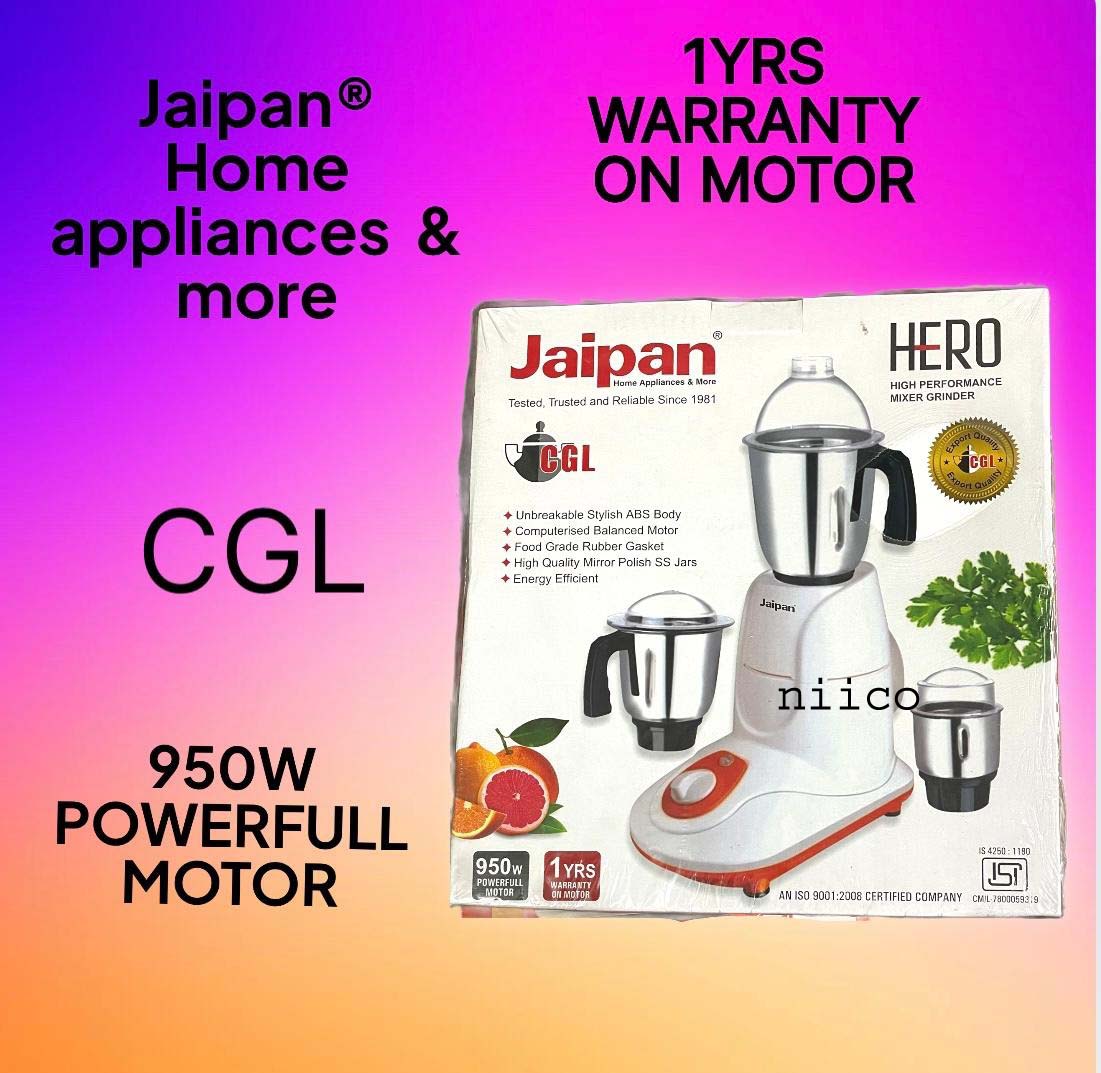 Picture of Jaipan Hero 950  WATT  HIGH SPEED ENERGY EFFICIENT  MOTOR 3 IN 1 ELECTRIC Heavy Duty Mixer Blender 3 Stainless Steel Jar 100 Percent Cooper Blender: (1 Year Warranty)