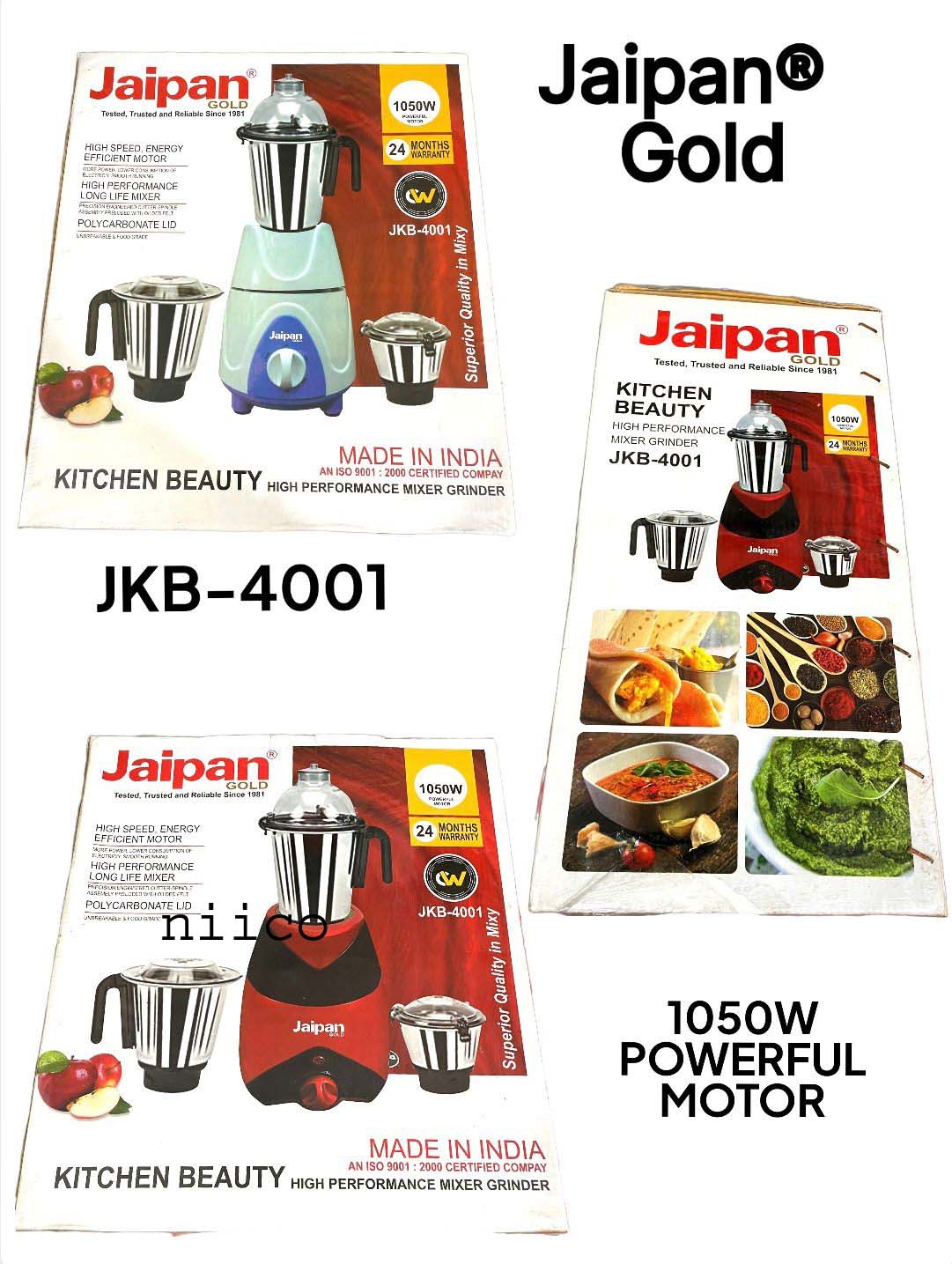Picture of Jaipan Gold 1050 WATT  HIGH SPEED ENERGY EFFICIENT  MOTOR 3 IN 1 ELECTRIC Heavy Duty Mixer Blender 3 Stainless Steel Jar 100 Percent Cooper Blender: (2 Year Warranty)
