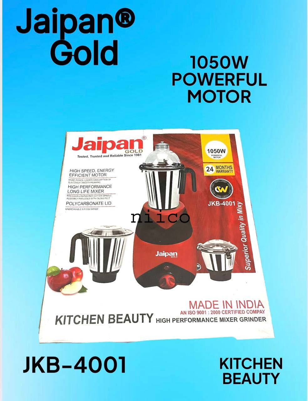 Picture of Jaipan Gold 1050 WATT  HIGH SPEED ENERGY EFFICIENT  MOTOR 3 IN 1 ELECTRIC Heavy Duty Mixer Blender 3 Stainless Steel Jar 100 Percent Cooper Blender: (2 Year Warranty)