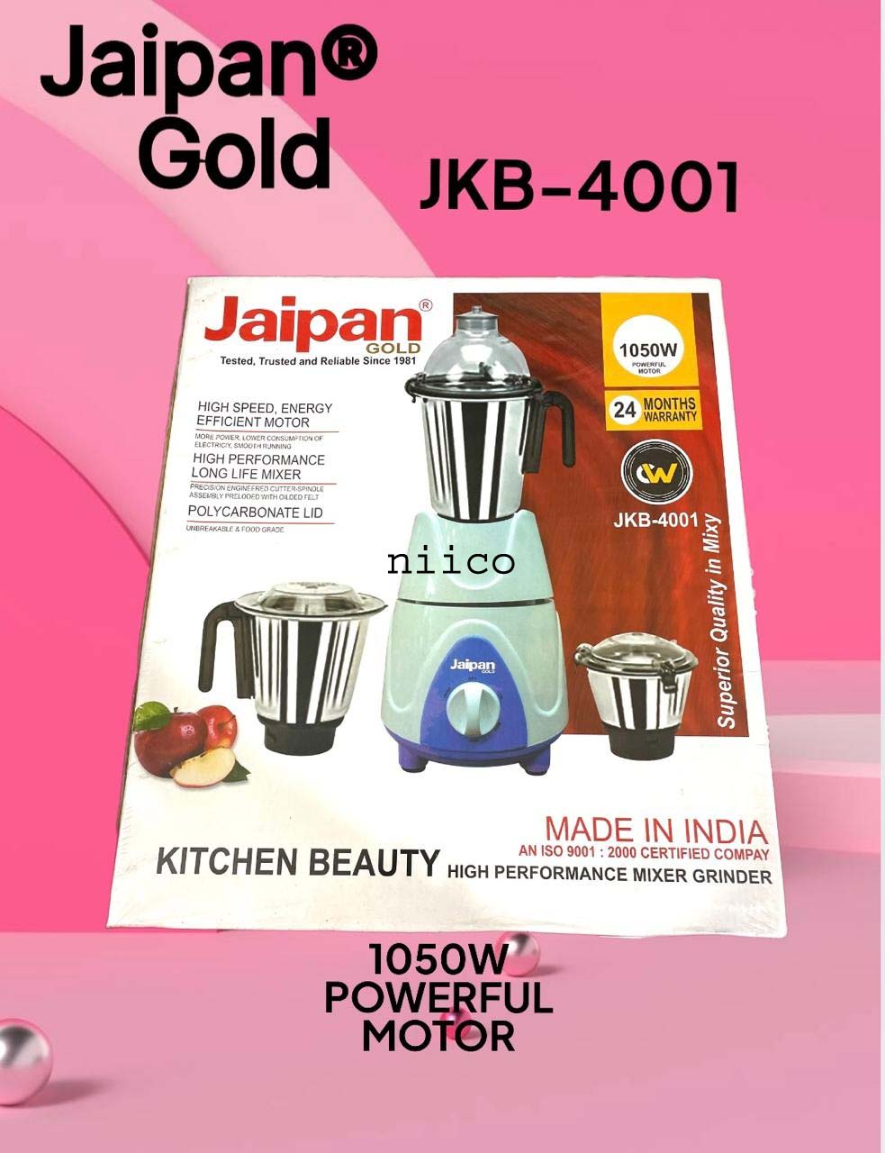 Picture of Jaipan Gold 1050 WATT  HIGH SPEED ENERGY EFFICIENT  MOTOR 3 IN 1 ELECTRIC Heavy Duty Mixer Blender 3 Stainless Steel Jar 100 Percent Cooper Blender: (2 Year Warranty)