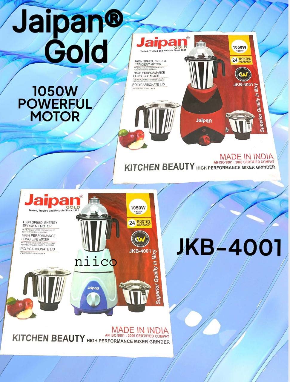 Picture of Jaipan Gold 1050 WATT  HIGH SPEED ENERGY EFFICIENT  MOTOR 3 IN 1 ELECTRIC Heavy Duty Mixer Blender 3 Stainless Steel Jar 100 Percent Cooper Blender: (2 Year Warranty)