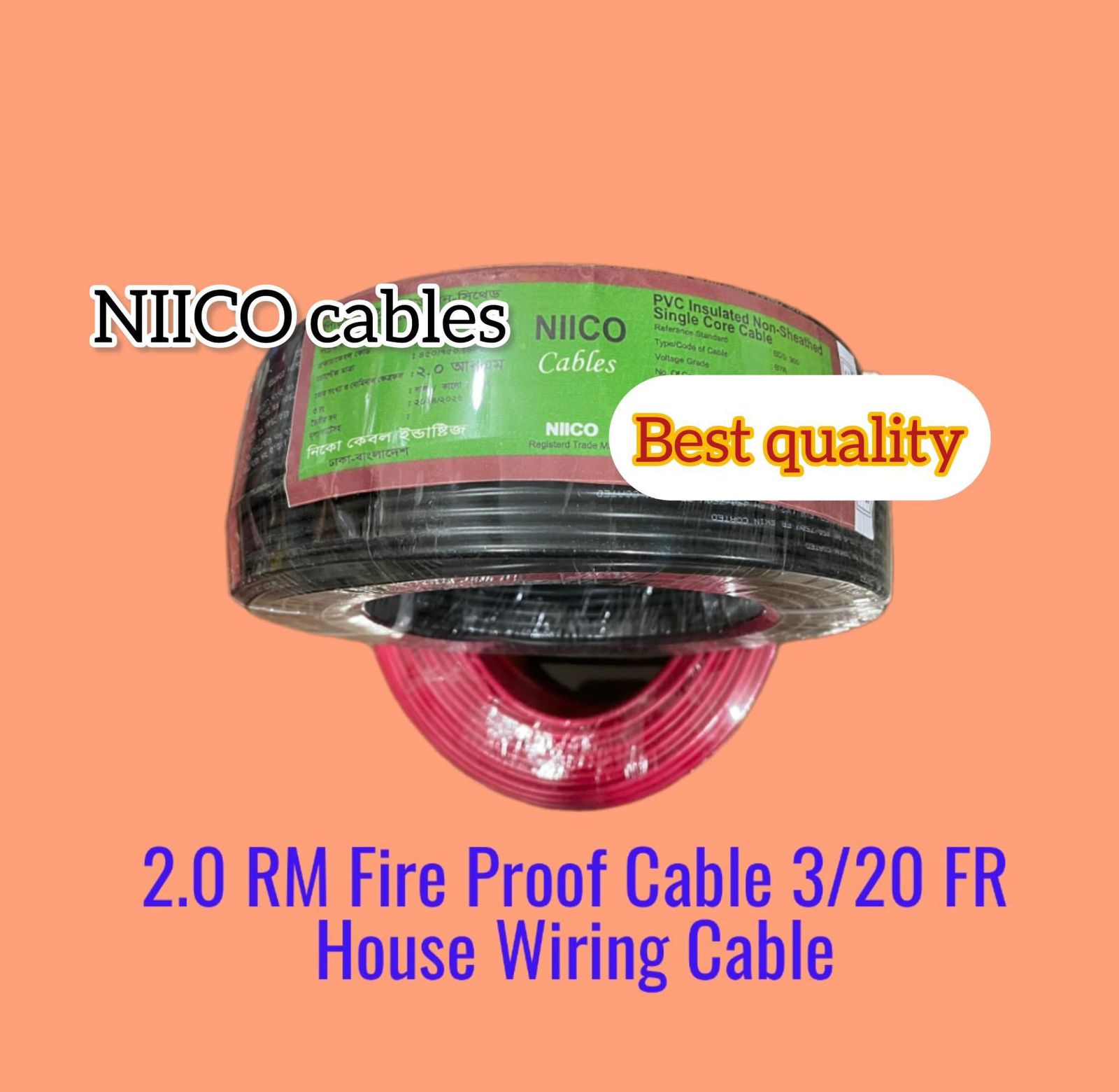 Picture of Niico House Waring Cable 2.0 RM Fireproof Copper cable 1 coil - 2.0 rm 3/20 Copper cable Black Color -(5 Year Warranty )-95 Guz=284 Foot Copper Wire