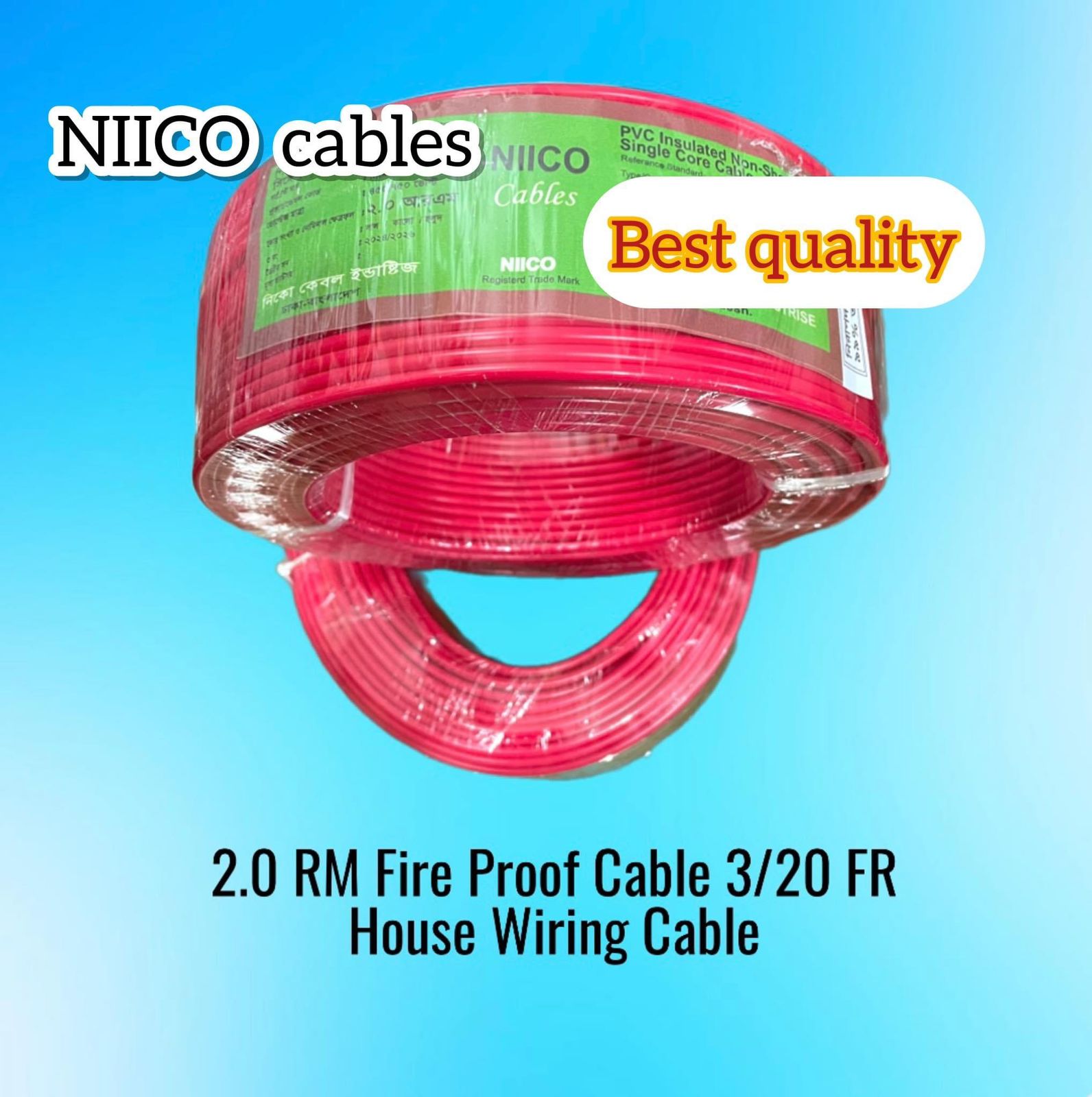 Picture of Niico House Waring Cable 2.0 RM Fireproof Copper cable 20 Guj - 2.0 rm 3/20 Copper cable Red Color -(5 Year Warranty )-20 Guz=60 Foot Copper Wire