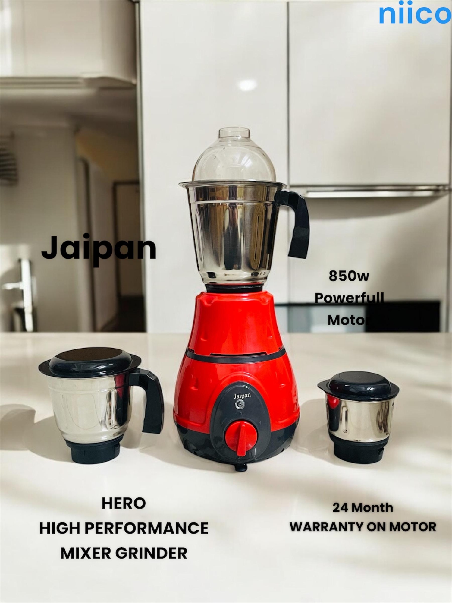 Picture of Jaipan Hero 850 WATTS High Performance Mixer Grinder/Blander  Heavy Duty  MOTOR  3 Stainless Steel Jar 100 Percent Cooper Blender: (2 Year Warranty)