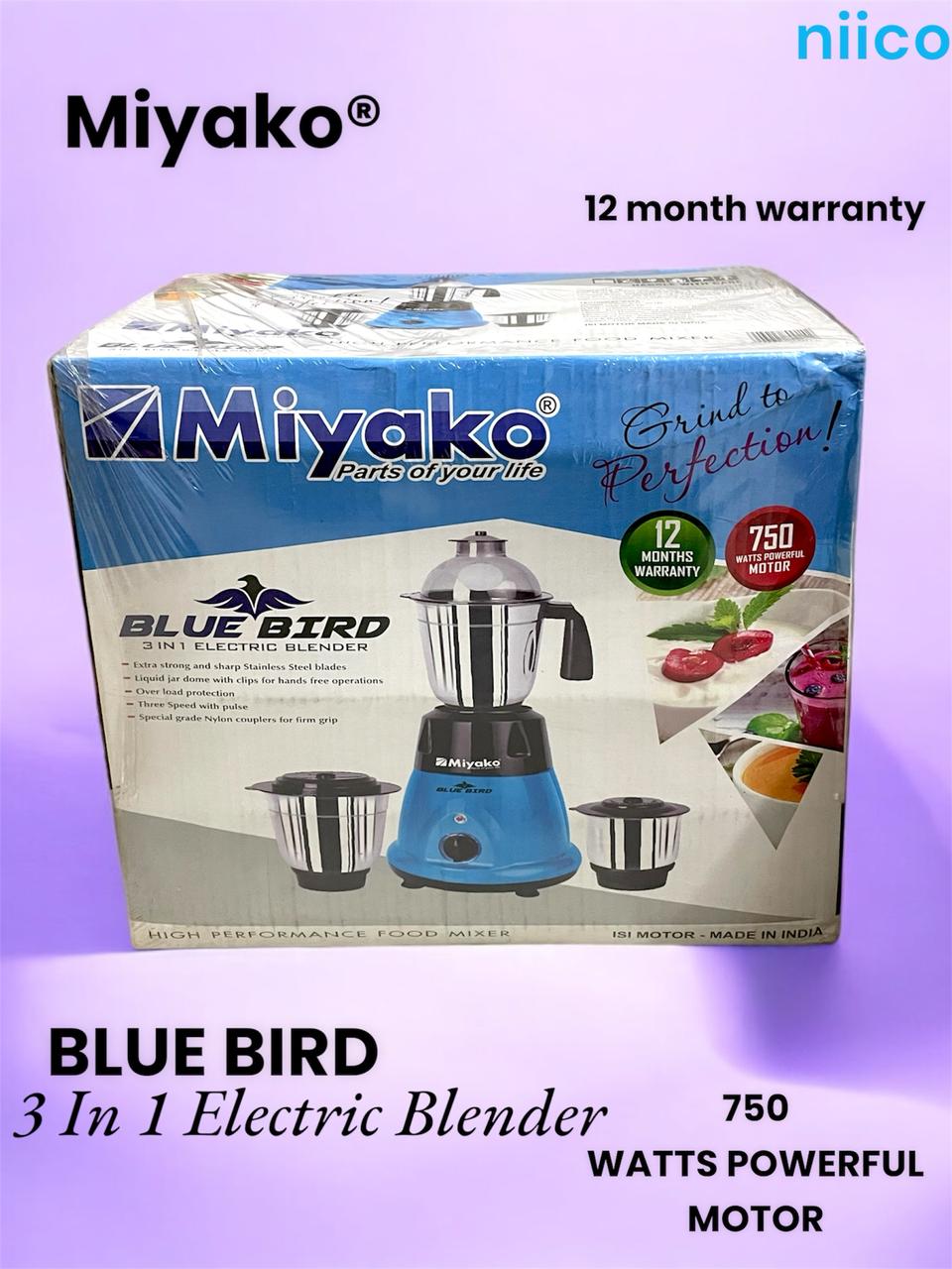 Picture of Miyako  Blue Bird  3 IN 1 ELECTRIC Heavy Duty Mixer Blender 3 Stainless Steel Jar 750 Watt = 100 Percent Cooper Blender: (1 Year Warranty)