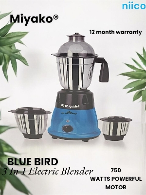 Picture of Miyako  Blue Bird  3 IN 1 ELECTRIC Heavy Duty Mixer Blender 3 Stainless Steel Jar 750 Watt = 100 Percent Cooper Blender: (1 Year Warranty)