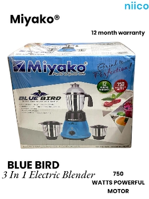 Picture of Miyako  Blue Bird  3 IN 1 ELECTRIC Heavy Duty Mixer Blender 3 Stainless Steel Jar 750 Watt = 100 Percent Cooper Blender: (1 Year Warranty)