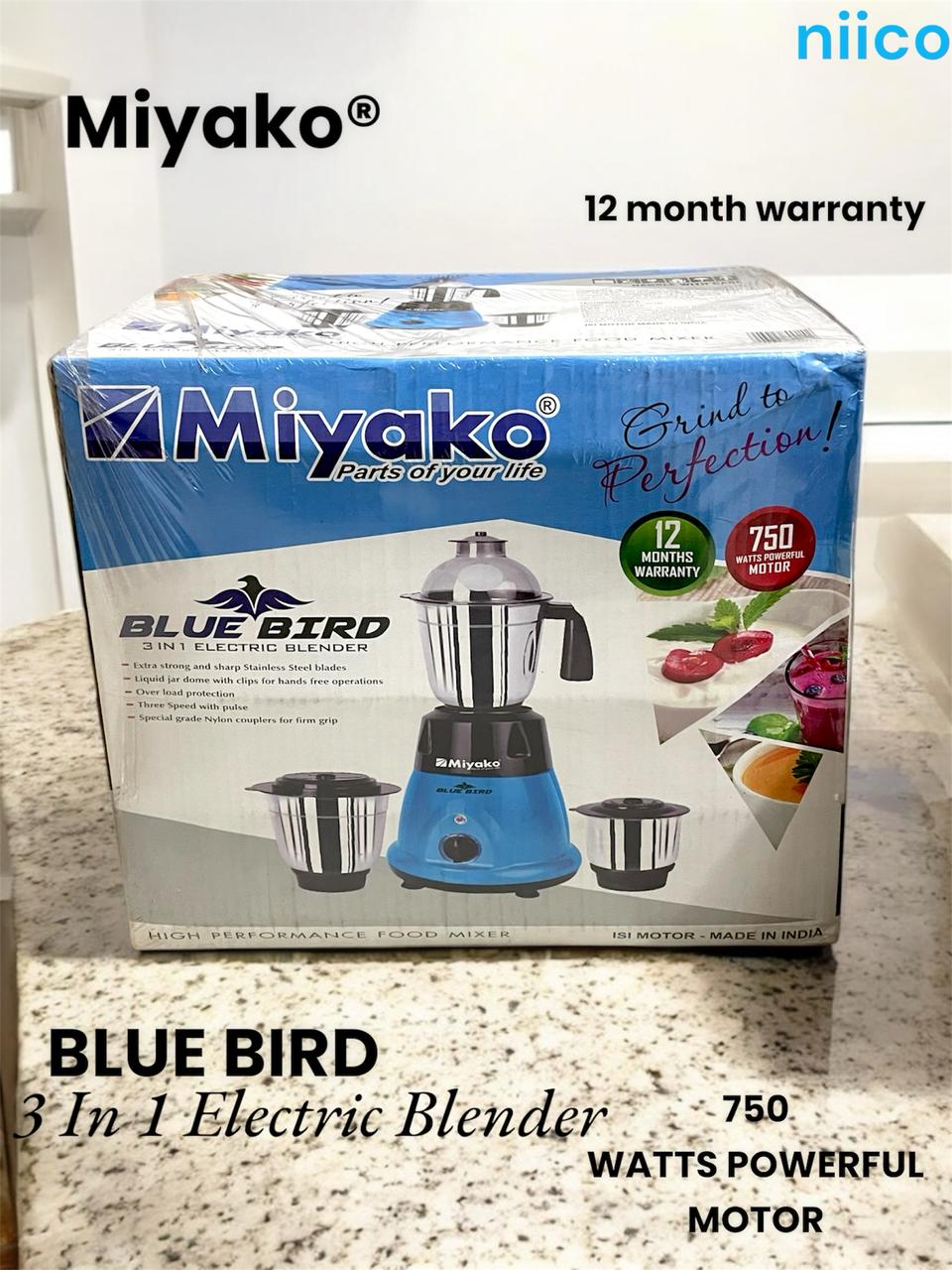 Picture of Miyako  Blue Bird  3 IN 1 ELECTRIC Heavy Duty Mixer Blender 3 Stainless Steel Jar 750 Watt = 100 Percent Cooper Blender: (1 Year Warranty)
