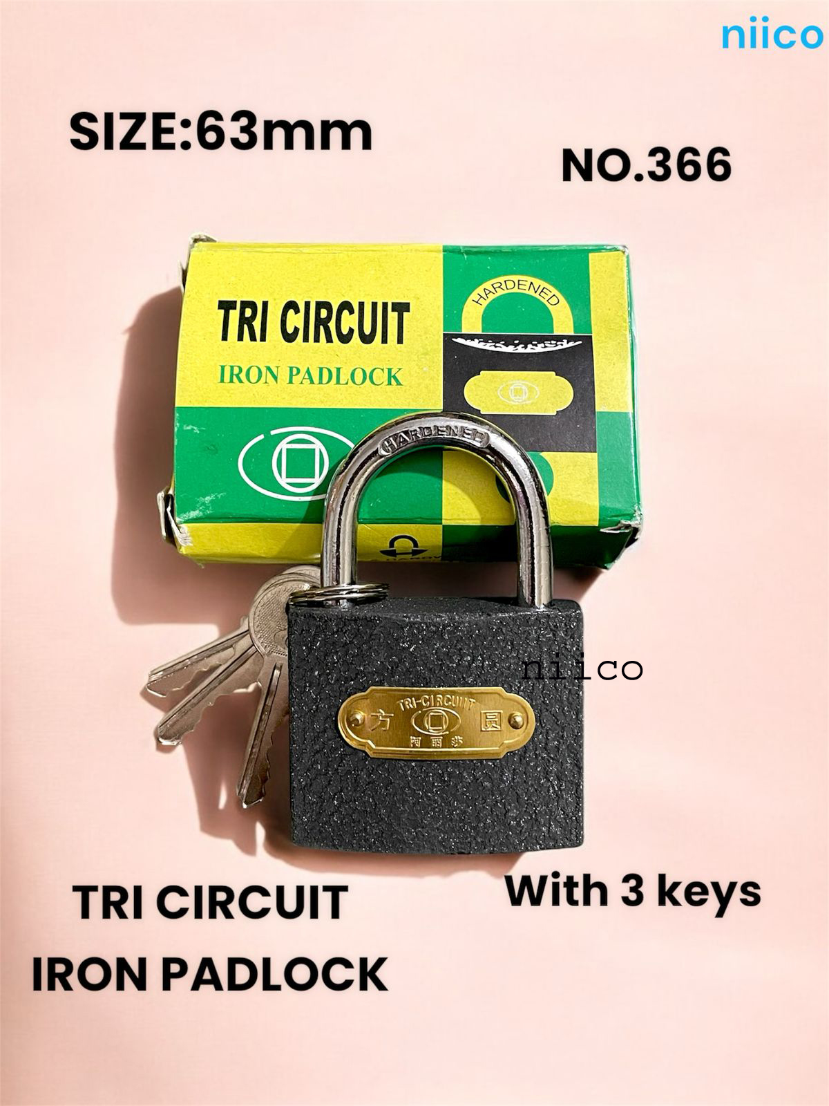 Picture of 63 Mm Iron Padlock 3 pcs iron keys TRI CIRCUIT  Brass lock Tala = 3 Key Tala Size(3.5 Inch X 2.5 Inch)