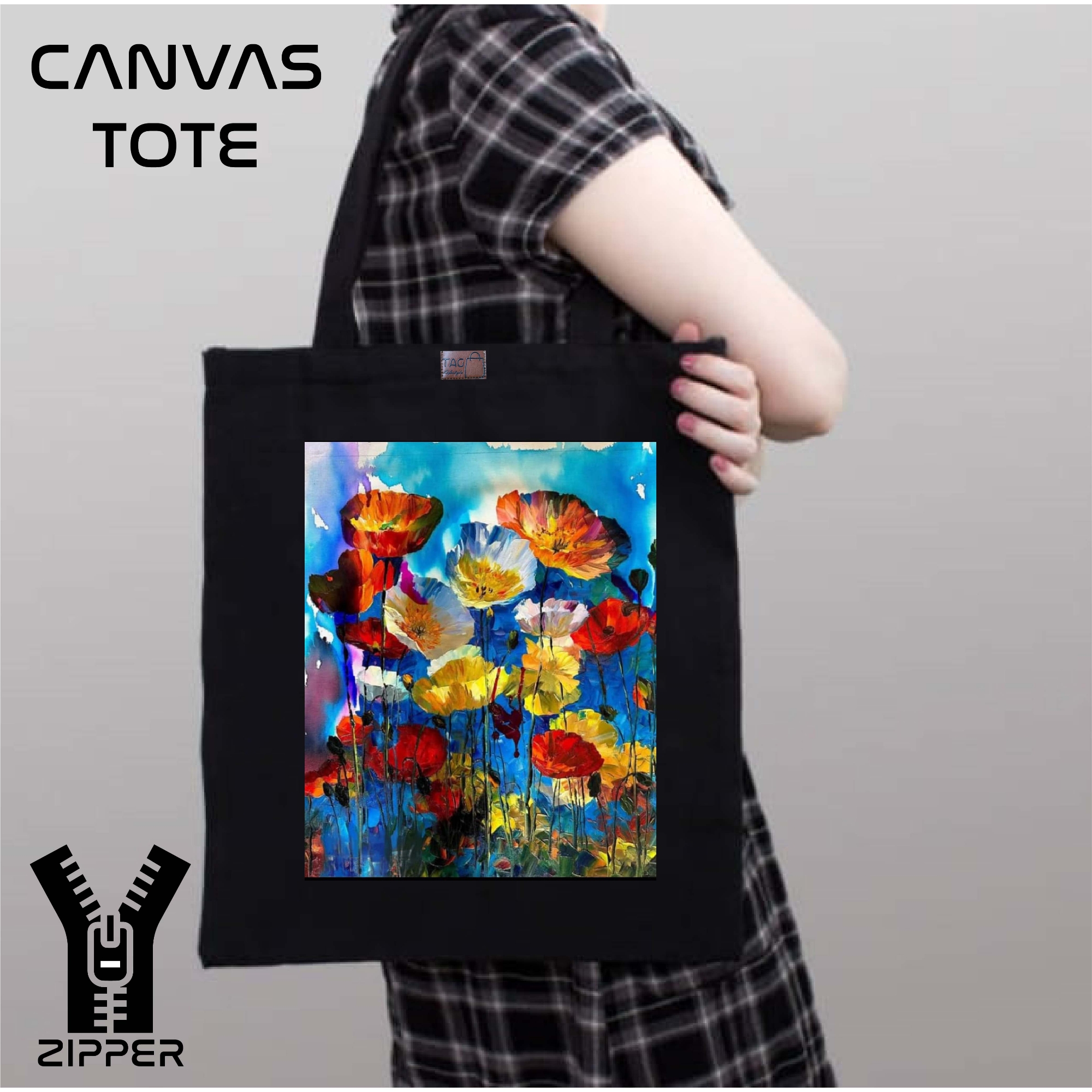 Picture of Canvas Tote Bag/Fashionable Top Handle Bag Black Color with Zipper for girls For University/College/Trenndy Fashionable Women