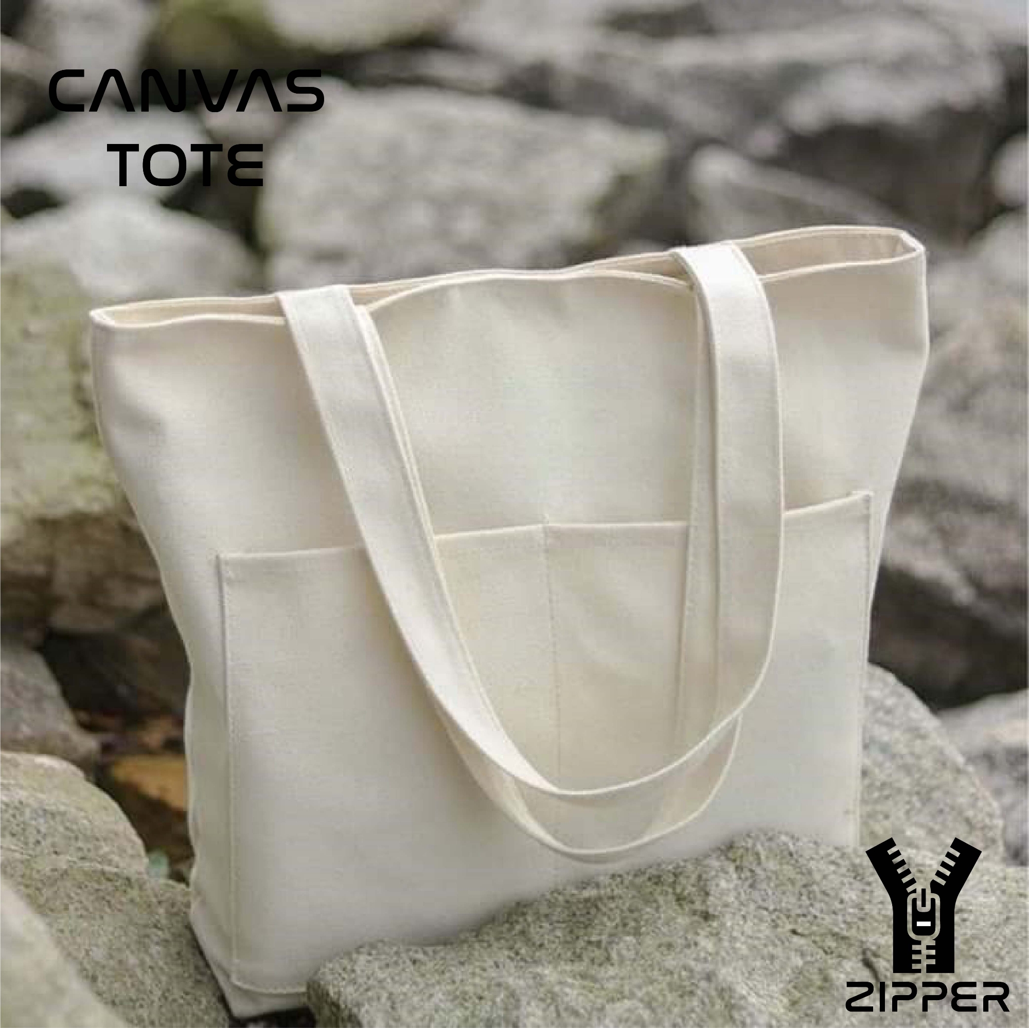 Picture of Canvas Tote Bag with Zipper and Outside Big Pockets for Trendy fashionable Girls/Stylish Canvas Tote Bag for Women