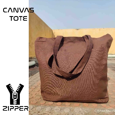 Picture of Canvas Tote Bag with Zipper and Outside Big Pockets for Trendy fashionable Girls/Stylish Canvas Tote Bag for Women