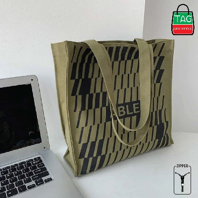 Picture of TAG Lifestyle Canvas Tote Bag/Fashionable Top Handle Olive Green Color Zebra Design With Zipper for girls For University/College/Trendy Fashionable Women