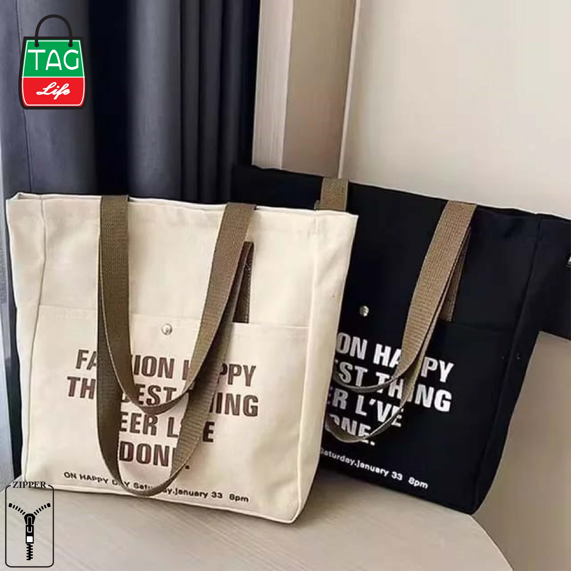 Picture of TAG Lifestyle Canvas Tote Bag/Fashionable Top Handle Black Color With 2 Outside Pockets for girls For University/College/Trendy Fashionable Women