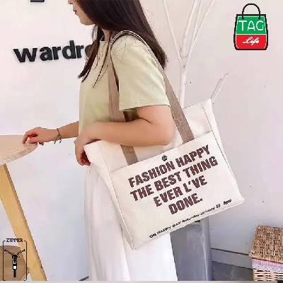 Picture of TAG Lifestyle Canvas Tote Bag/Fashionable Top Handle Black Color With 2 Outside Pockets for girls For University/College/Trendy Fashionable Women