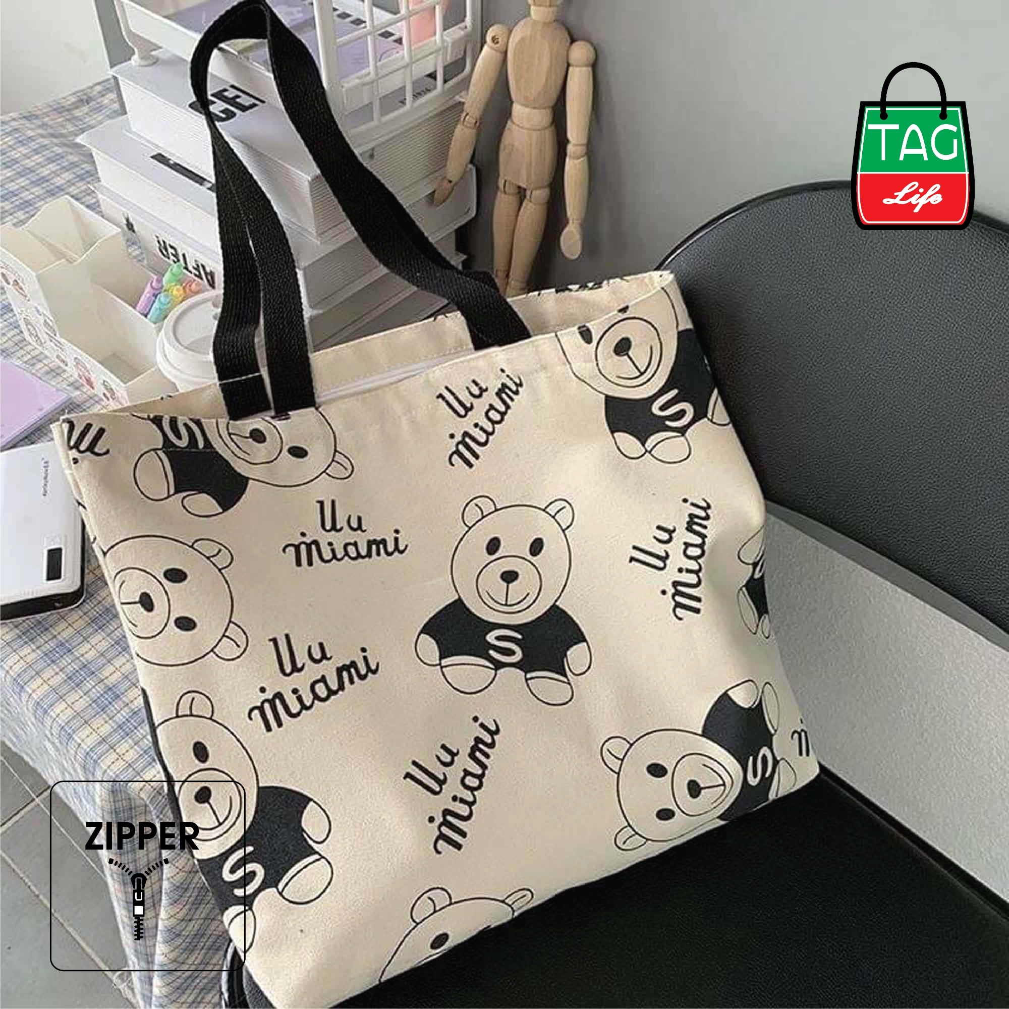 Picture of TAG Lifestyle Canvas Tote Bag/Fashionable Top Handle Bag  Panda Design Off White Color with Zipper for girls For University/College/Trendy Fashionable Women