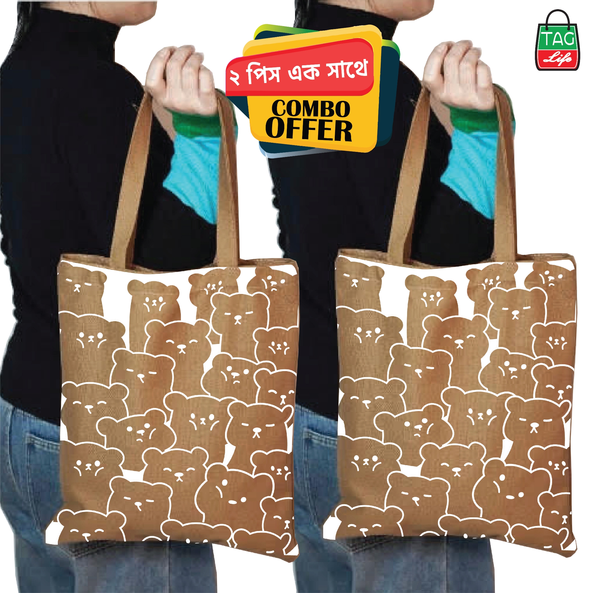 Picture of TAG Lifestyle bear design Canvas Tote Bag/Fashionable Tote Bag With Zipper Enclosure for girls For University/College/Trendy Fashionable Women