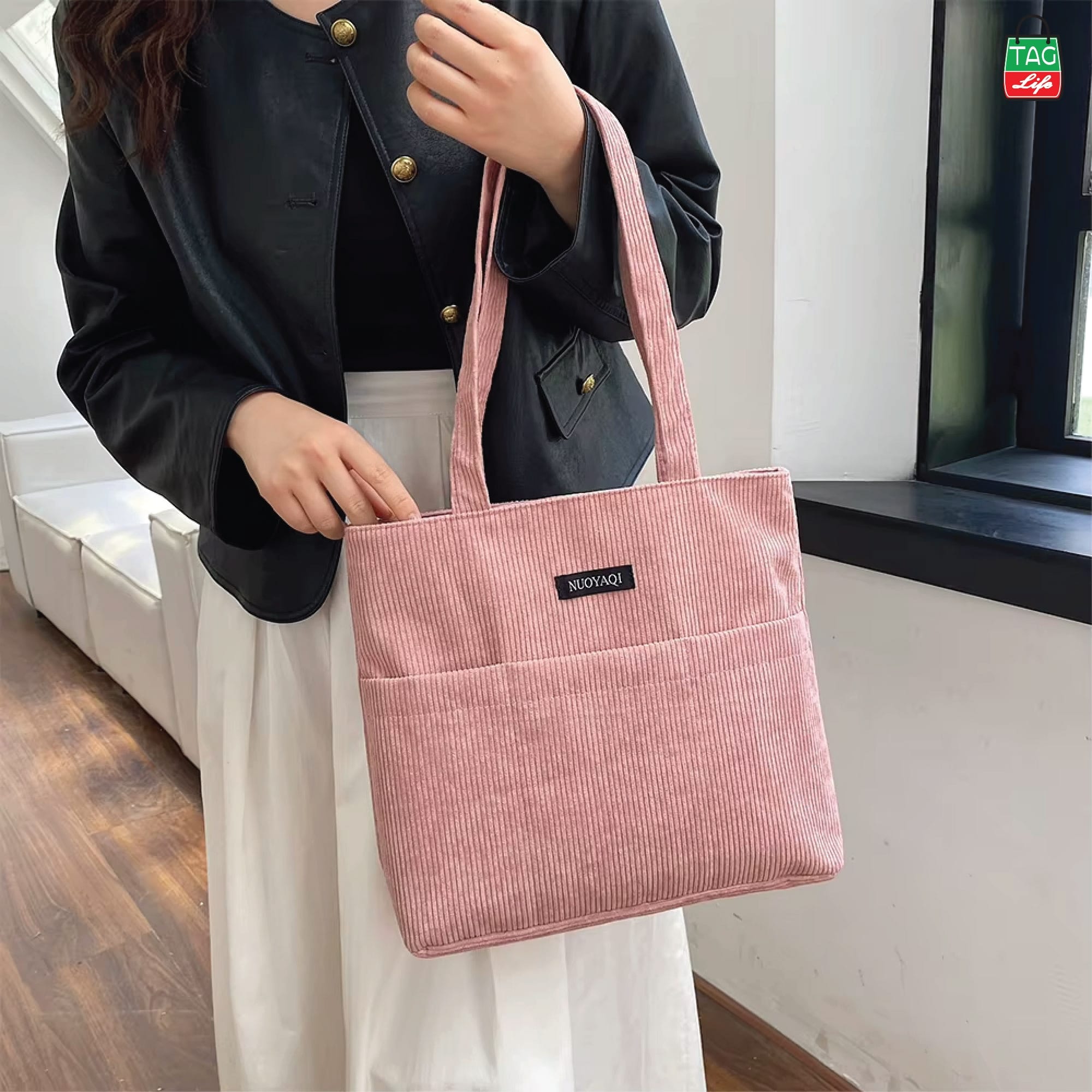 Picture of TAG Lifestyle Corduroy Tote Bag, Shopping Bag, Girls & Ladies Bag, outside pocket Top Handle Lite Pink Color Tote Bag for University/College/Girls students & Women