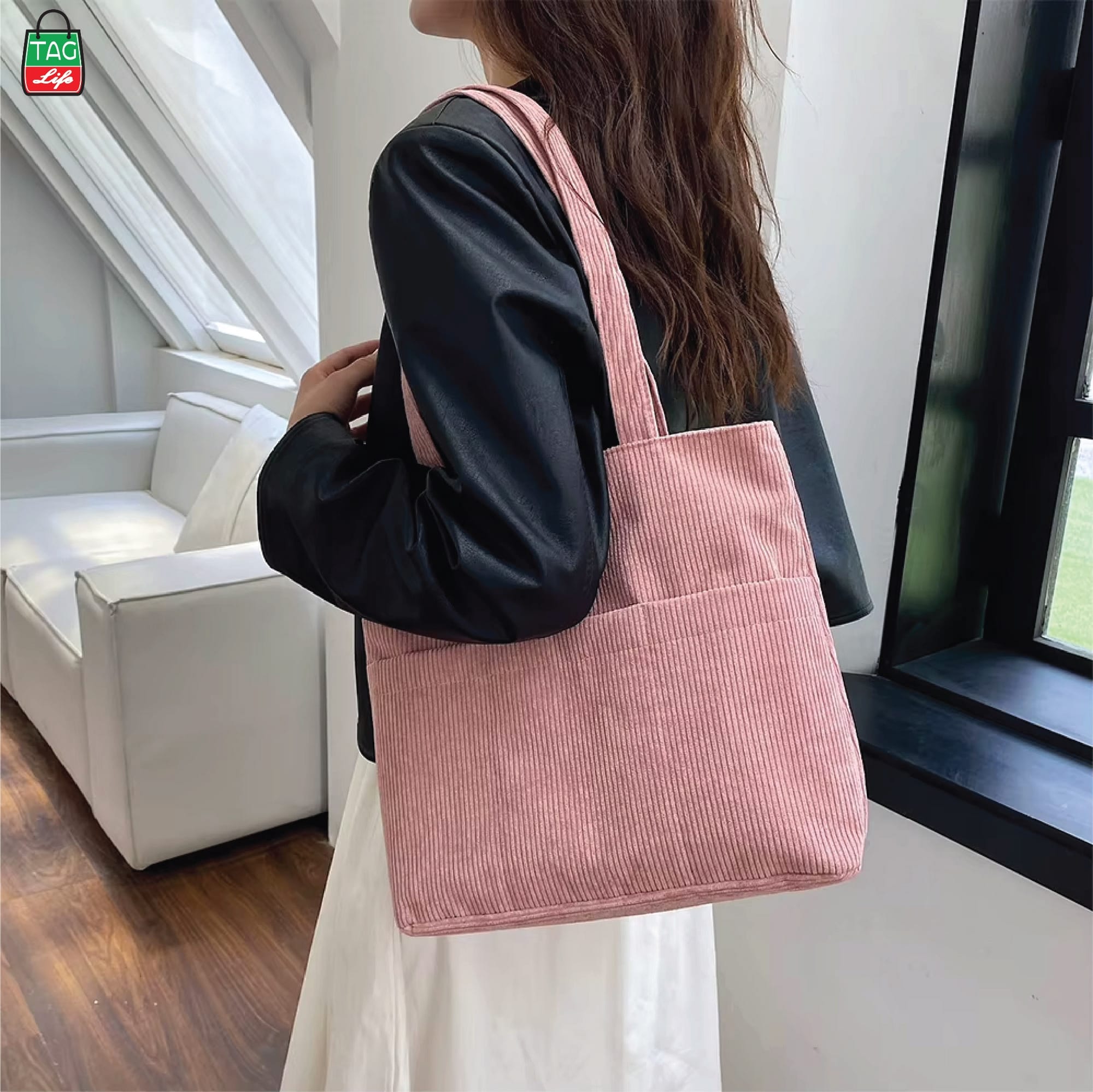 Picture of TAG Lifestyle Corduroy Tote Bag, Shopping Bag, Girls & Ladies Bag, outside pocket Top Handle Lite Pink Color Tote Bag for University/College/Girls students & Women